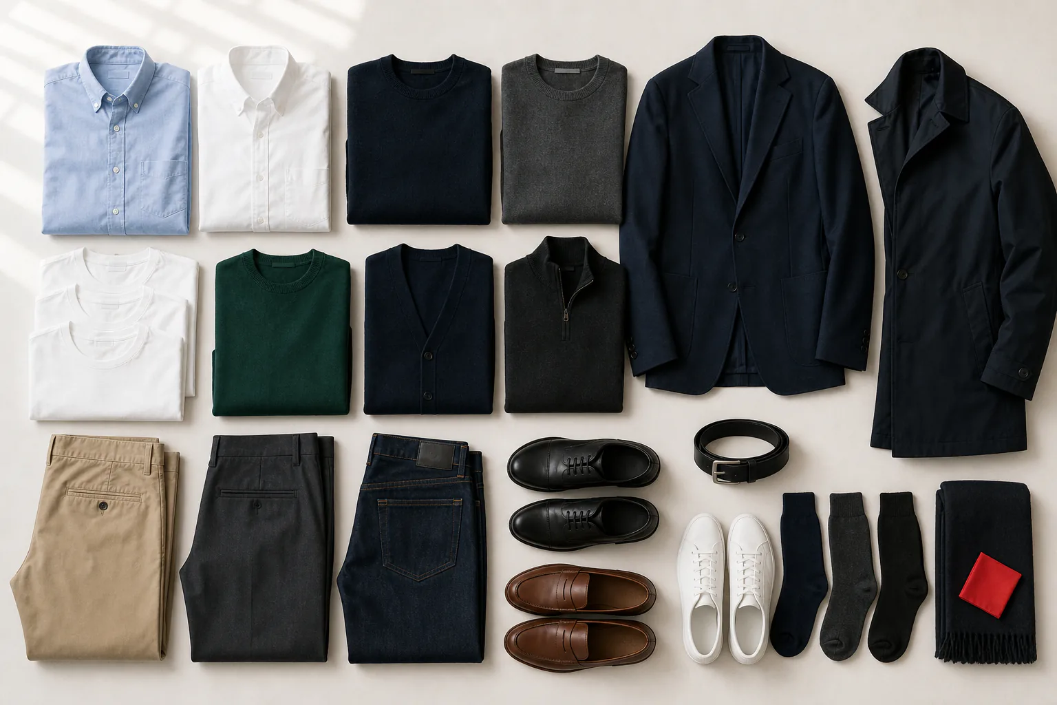 A coordinated 20-piece men's capsule wardrobe arranged by category