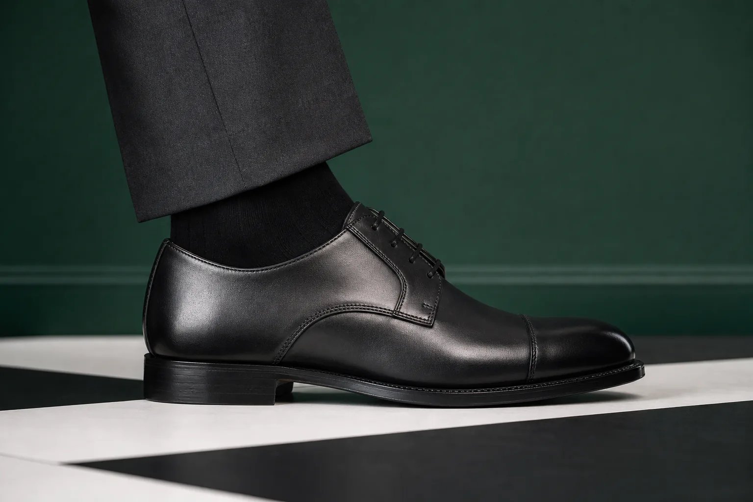 A properly fitted black leather derby worn with charcoal trousers
