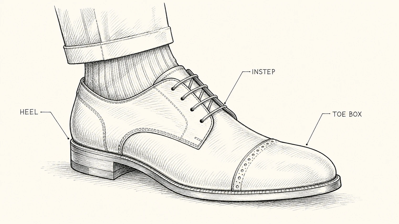 Pen-and-ink diagram showing heel, instep, and toe-box fit points on a dress shoe