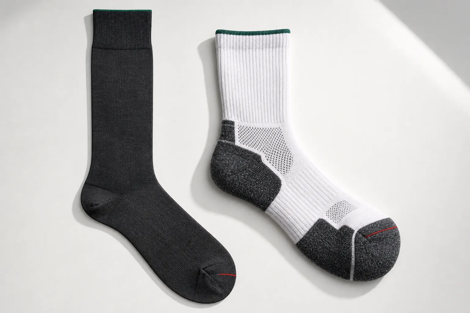 Thin dress sock and cushioned athletic sock side by side