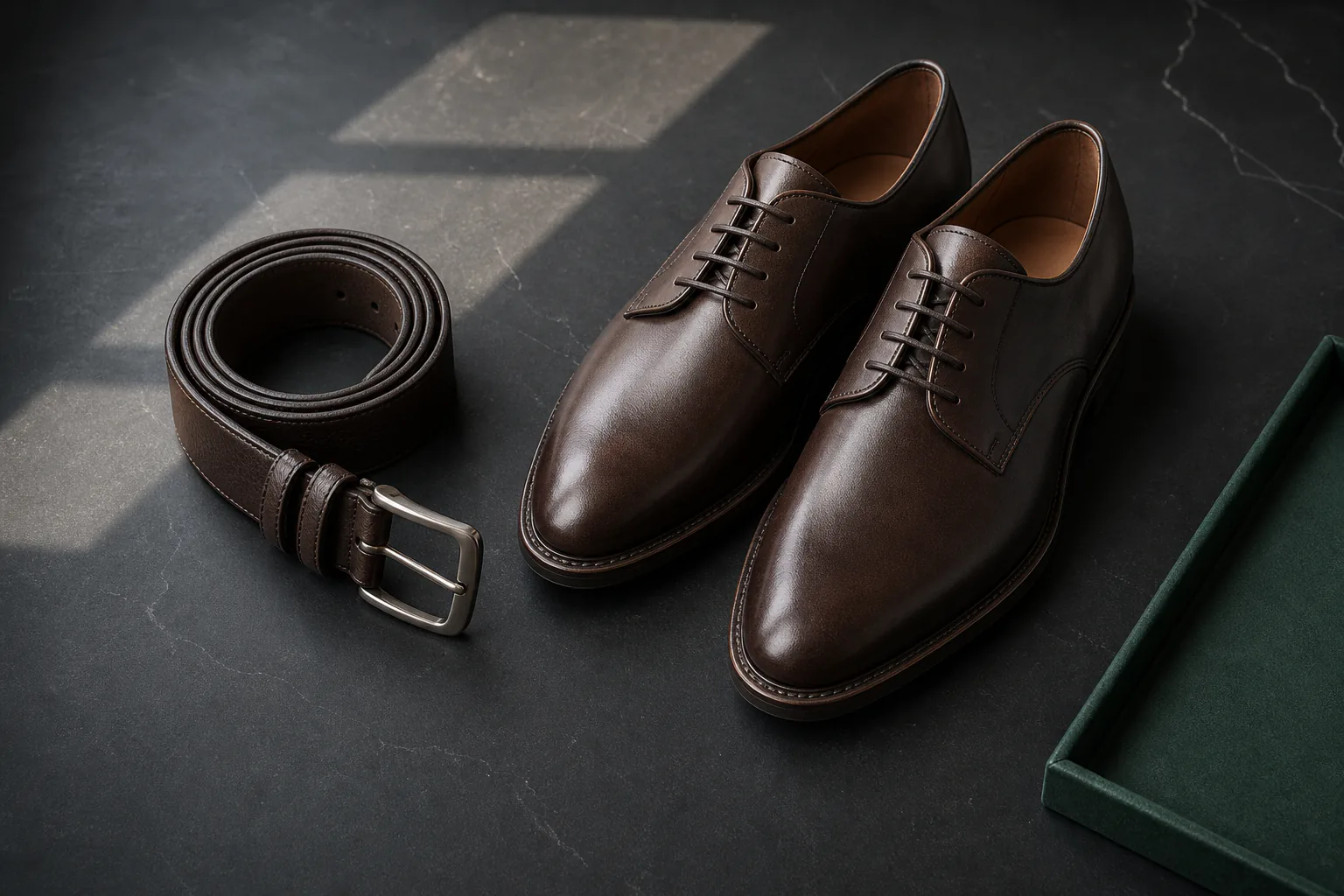 Dark brown leather belt and matching dress shoes arranged together