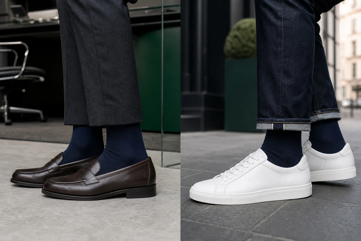 Navy socks worn with loafers for work and white sneakers for the weekend